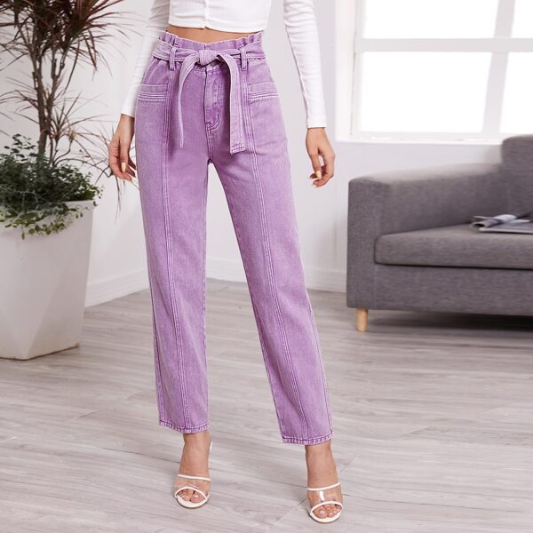 

Paper Bag Waist Jeans With Belt, Lilac purple