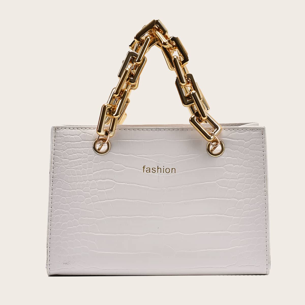 

Croc Embossed Chain Handle Satchel Bag, White