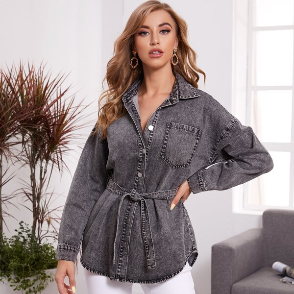 

Button Front Belted Denim Jacket, Dark grey