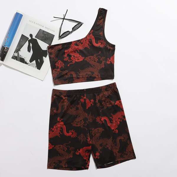 

Chinese Dragon Print One Shoulder Top & Biker Shorts Set, Black