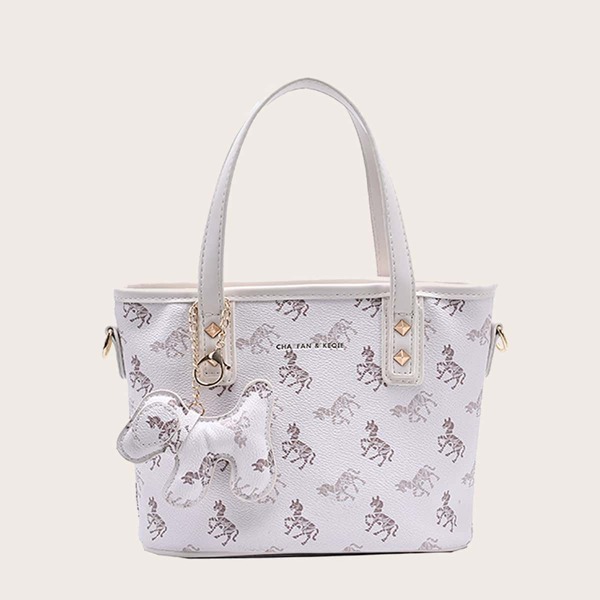 

Cartoon Graphic Satchel Bag With Bag Charm, White