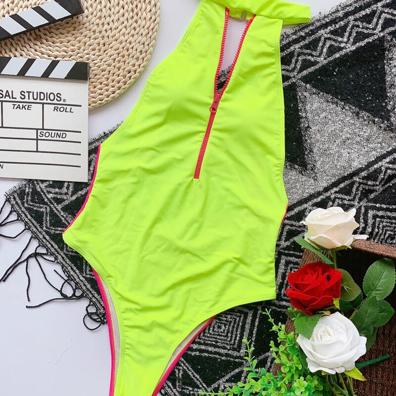 

Neon Two Tone Zip-up One Piece Swimsuit, Multicolor neon