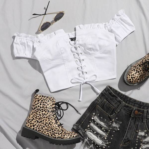 

Off Shoulder Lace Up Denim Top, White