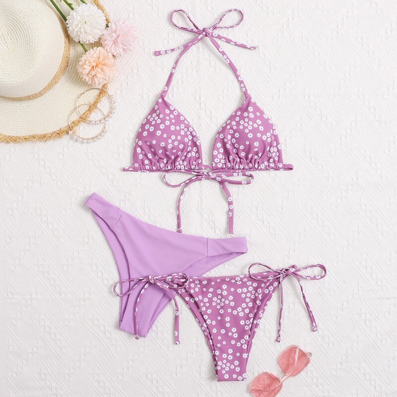 

3pack Ditsy Floral Triangle Tie Side Bikini Swimsuit, Purple