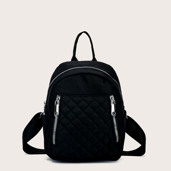 

Quilted Zip Front Backpack, Black
