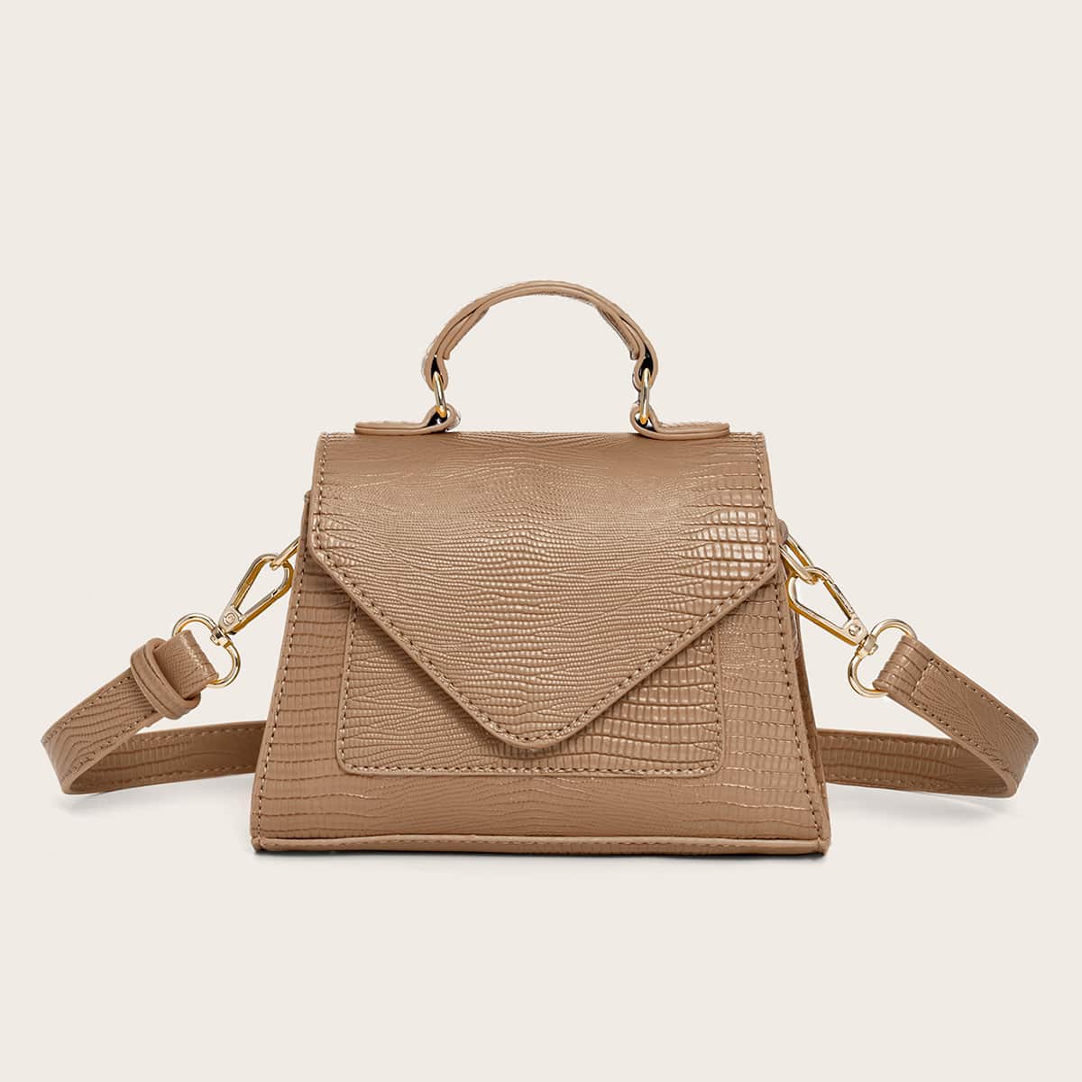 

Lizard Embossed Flap Satchel Bag, Khaki