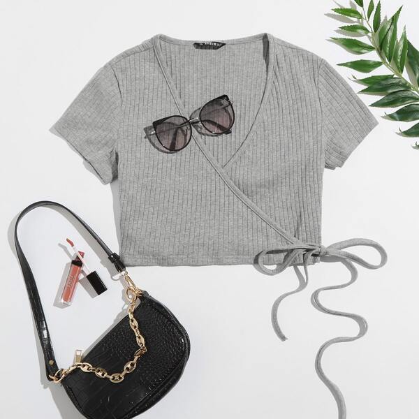 

Wrap Tie Side Rib-knit Crop Top, Grey