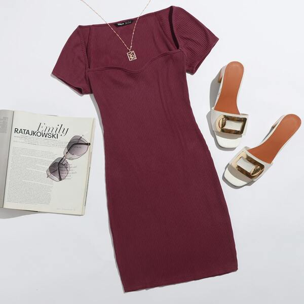 

Sweetheart Neck Rib-knit Bodycon Dress, Maroon
