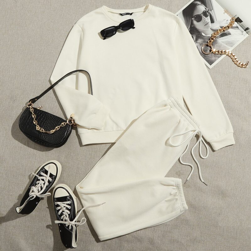 

Solid Pullover & Sweatpants Set, Beige