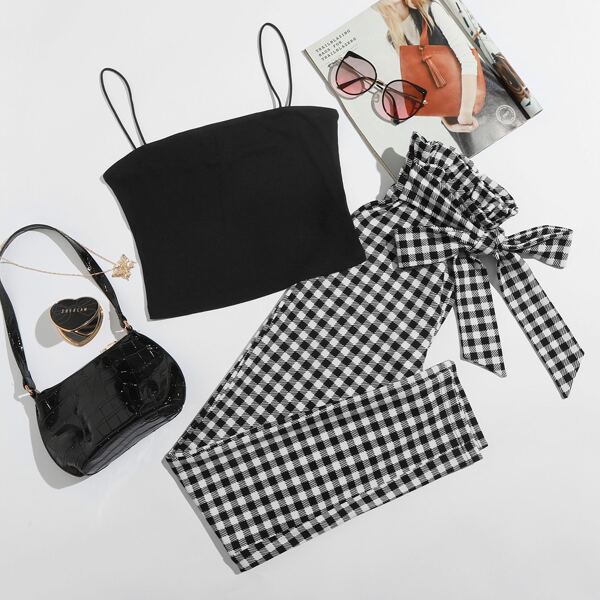 

Solid Cami Top & Paperbag Waist Gingham Pants Set, Black and white