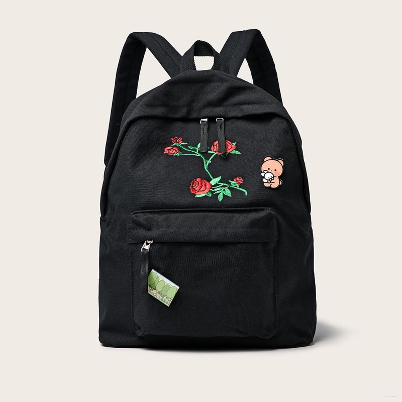 

Rose Embroidery Backpack, Black
