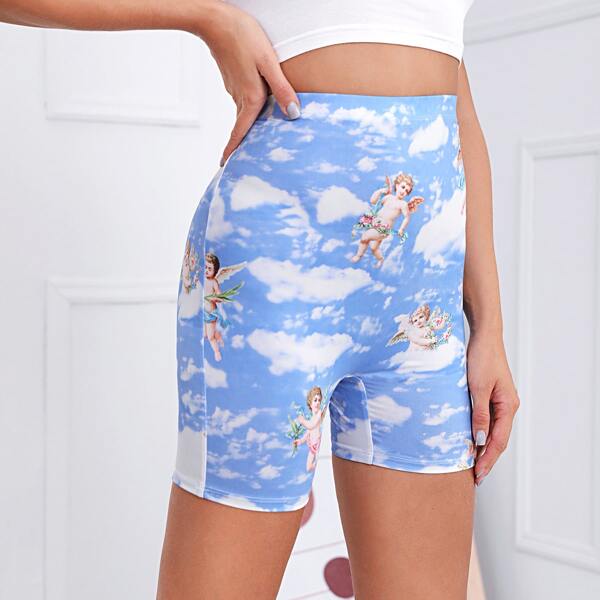 

Angel Print Biker Shorts, Blue and white