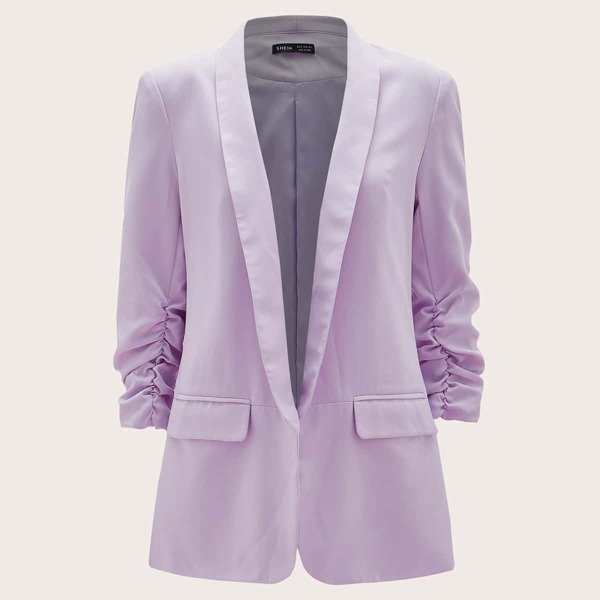 

Shawl Collar Ruched Sleeve Flap Detail Solid Blazer, Lilac purple
