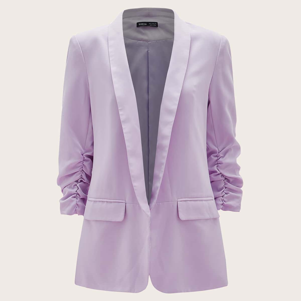 

Shawl Collar Ruched Sleeve Flap Detail Solid Blazer, Lilac purple