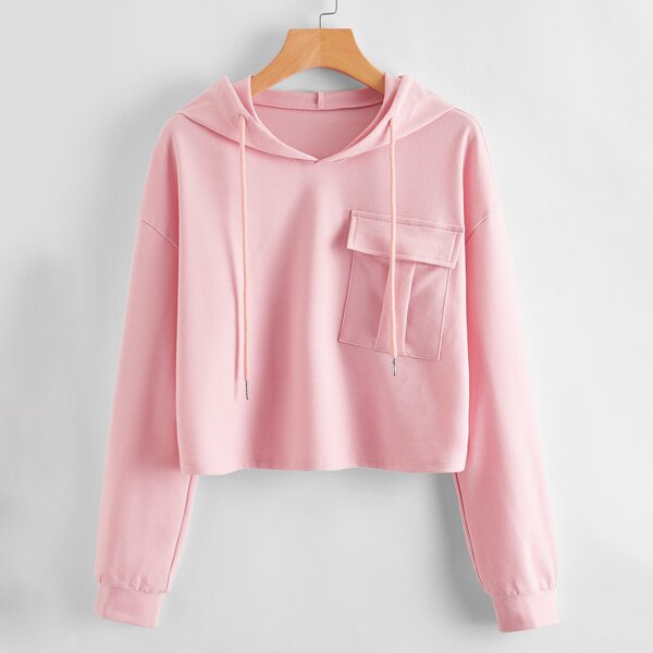 

Flap Pocket Drawstring Crop Hoodie, Baby pink