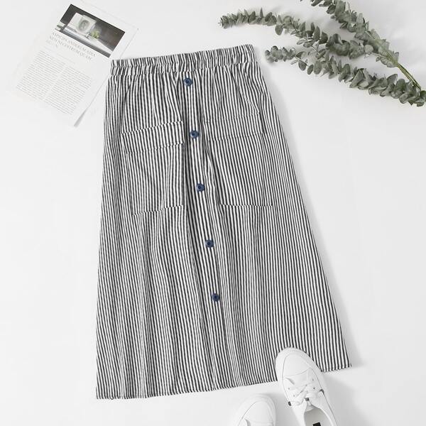 

Striped Button Front A-line Skirt, Black and white