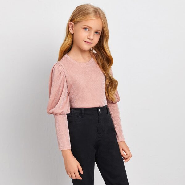 

Girls Leg-of-mutton Sleeve Glitter Top, Pastel baby pink