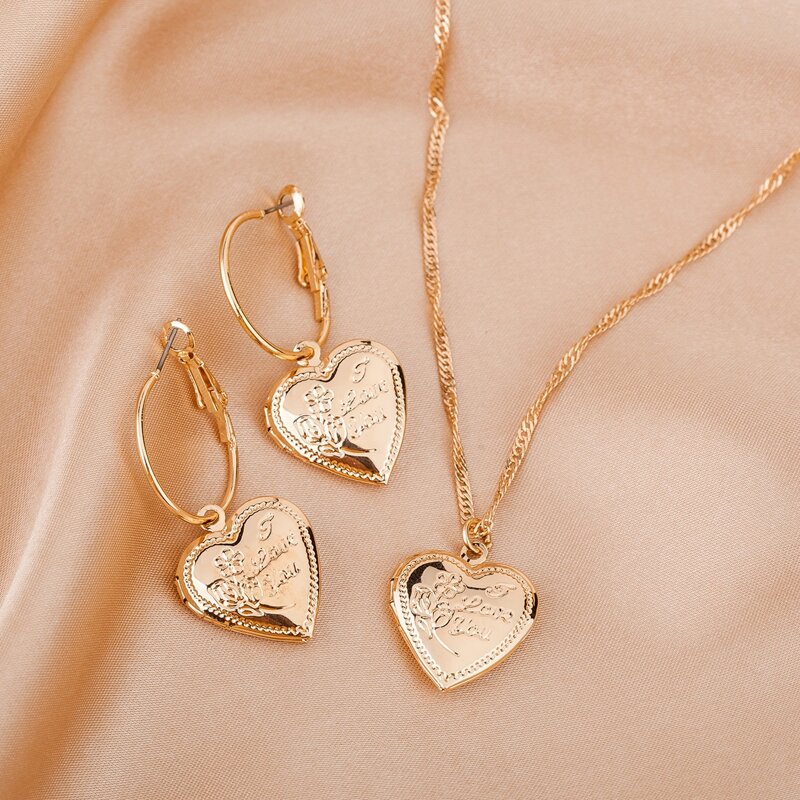 

1pc Heart Charm Necklace & 1pair Drop Earrings, Gold