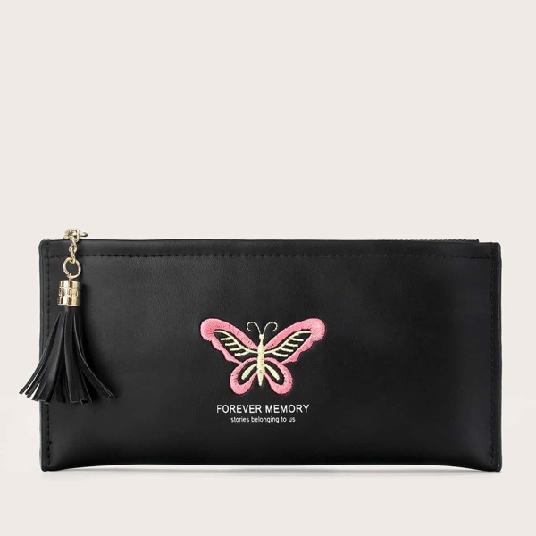 

Butterfly Embroidered Tassel Decor Purse, Black