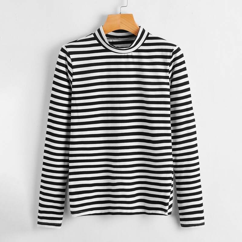 

Striped Mock Neck Tee, Black and white