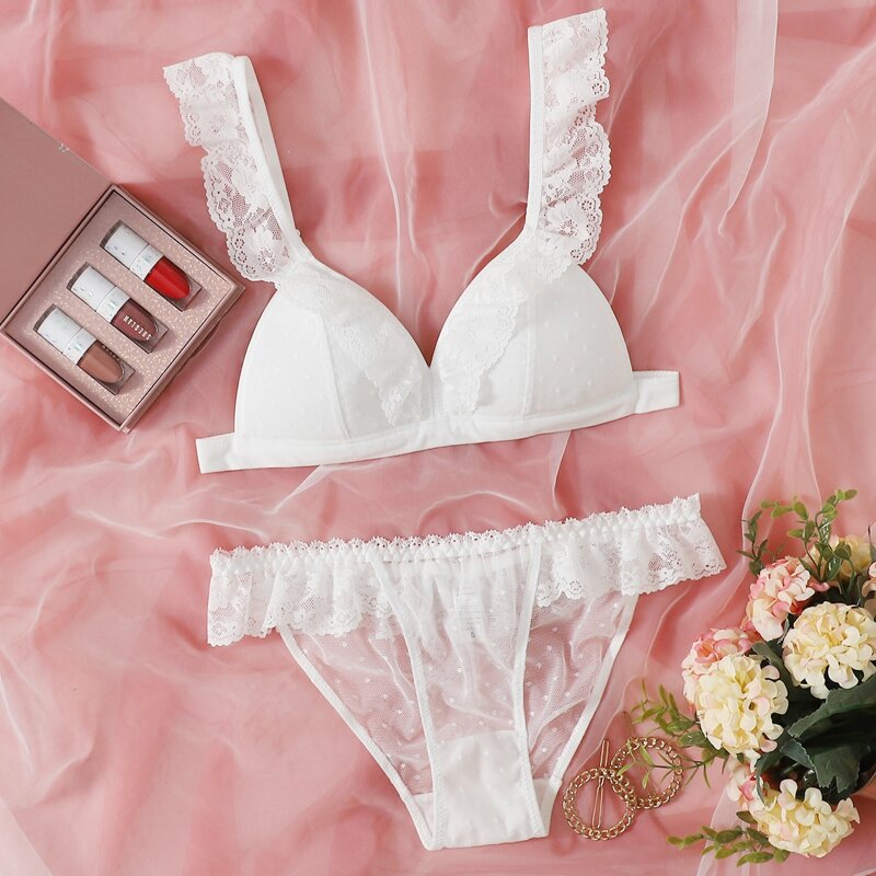 

Clip Dot Ruffle Hem Lingerie Set, White