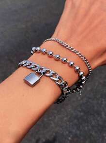 時尚流行3件套男士鎖裝飾鏈條手鍊合金，適合珠寶禮物和時尚外觀 - 銀色 - 查看 1