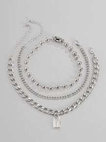 時尚流行3件套男士鎖裝飾鏈條手鍊合金，適合珠寶禮物和時尚外觀 - 銀色 - 查看 2