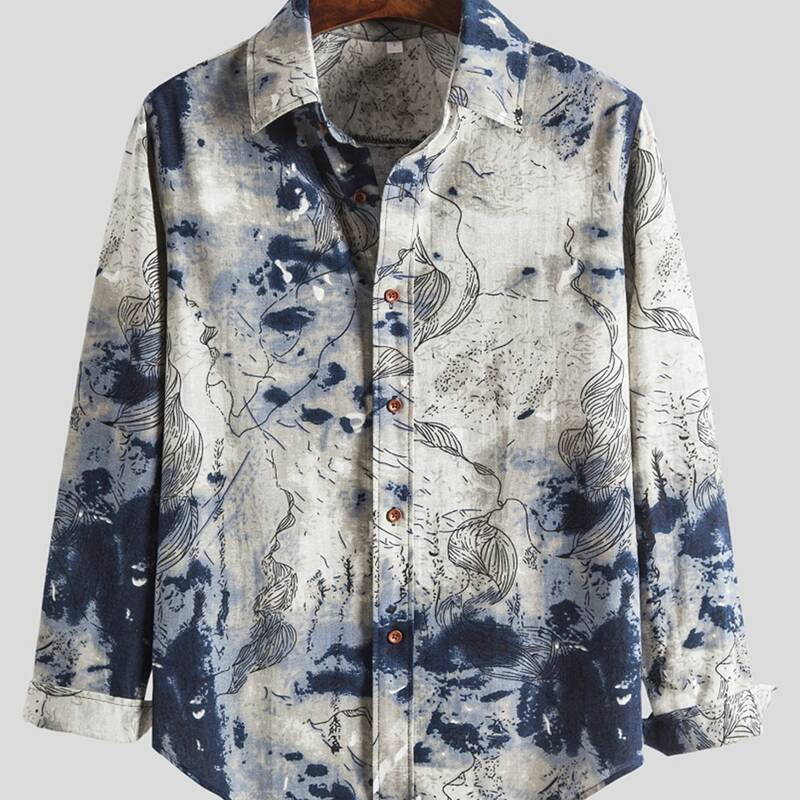 

Men Landscape Print Curved Hem Shirt, Multicolor