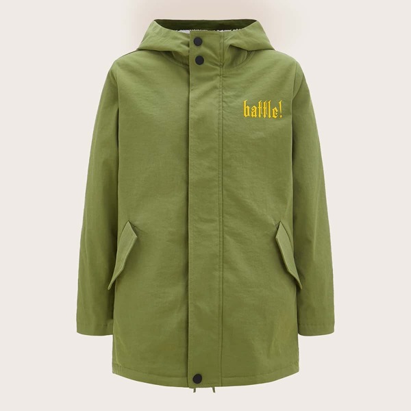 

Пальто с капюшоном, текстовым принтом и пуговицами для мальчиков, Оливково-зеленый