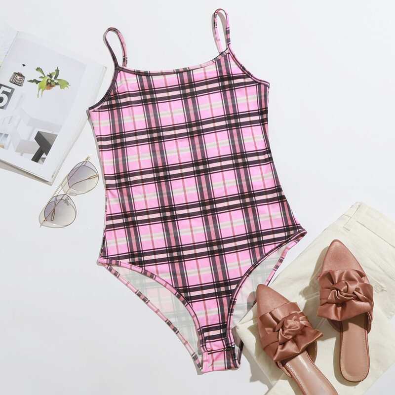 

Plaid Cami Bodysuit, Pink