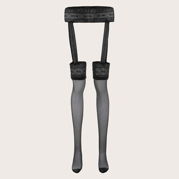 

Floral Lace Garter With Stockings, Black