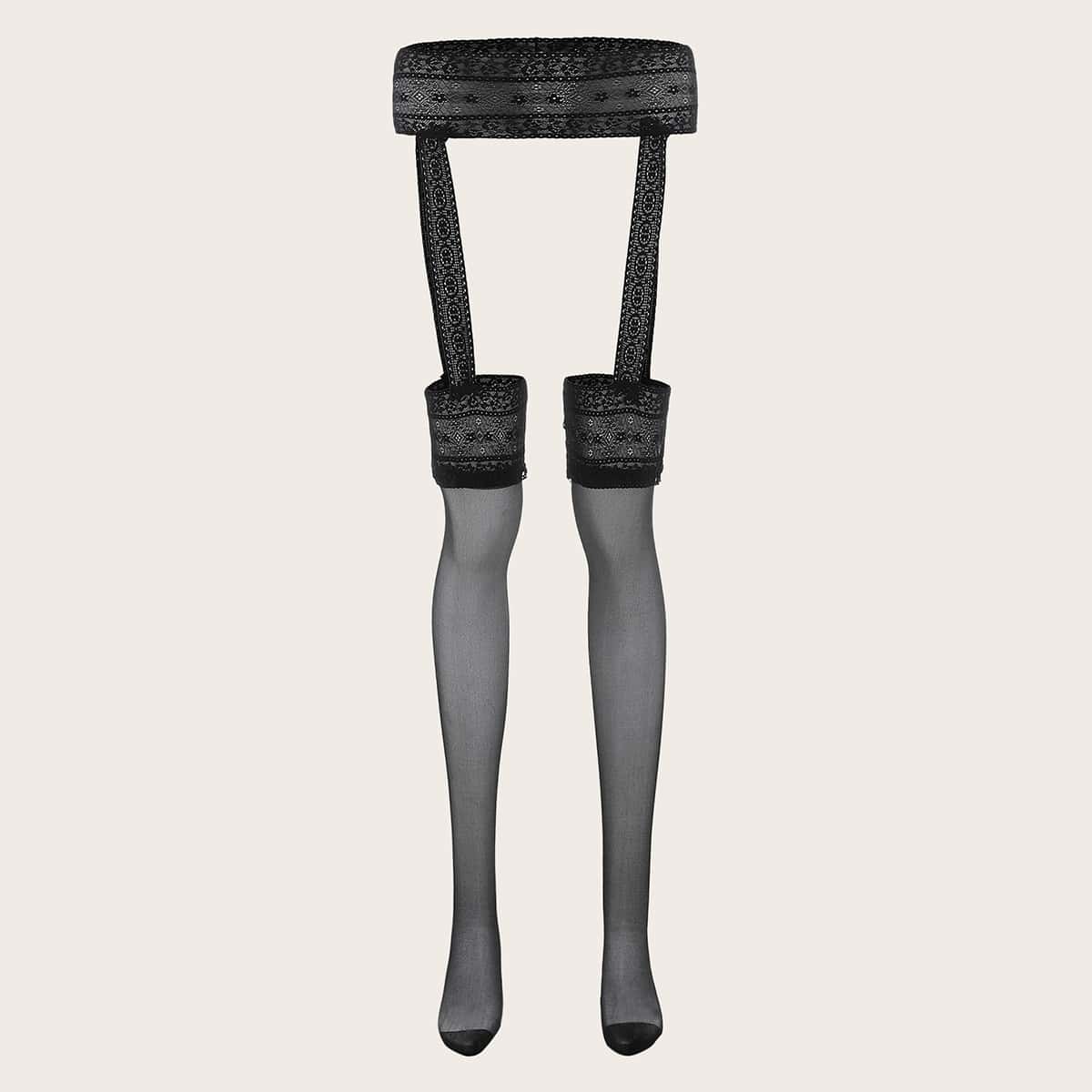 

Floral Lace Garter With Stockings, Black