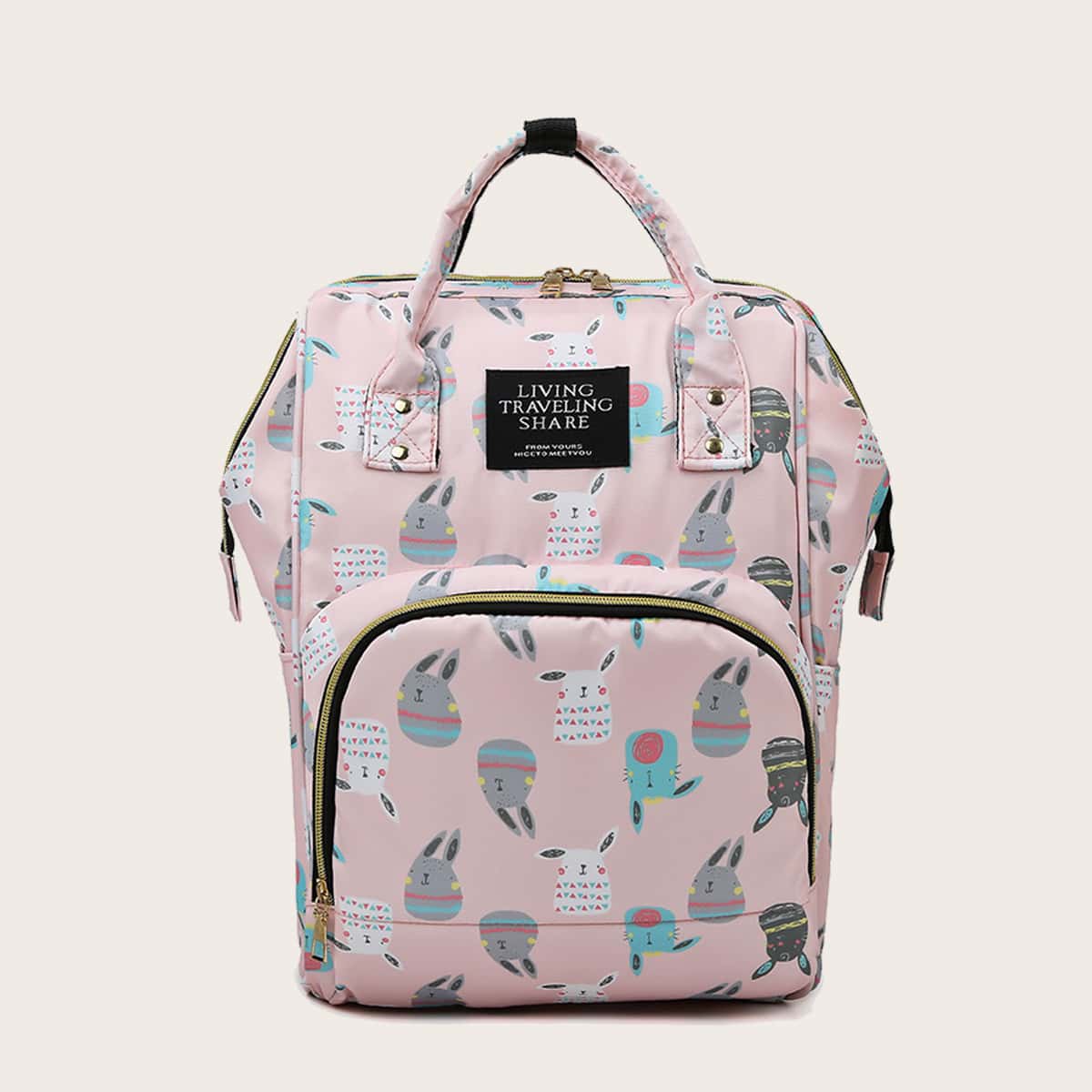 

Pocket Front Cartoon Graphic Backpack, Pink