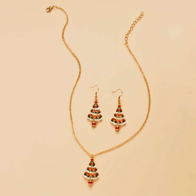 

1pc Christmas Tree Charm Necklace & 1pair Drop Earrings, Multicolor