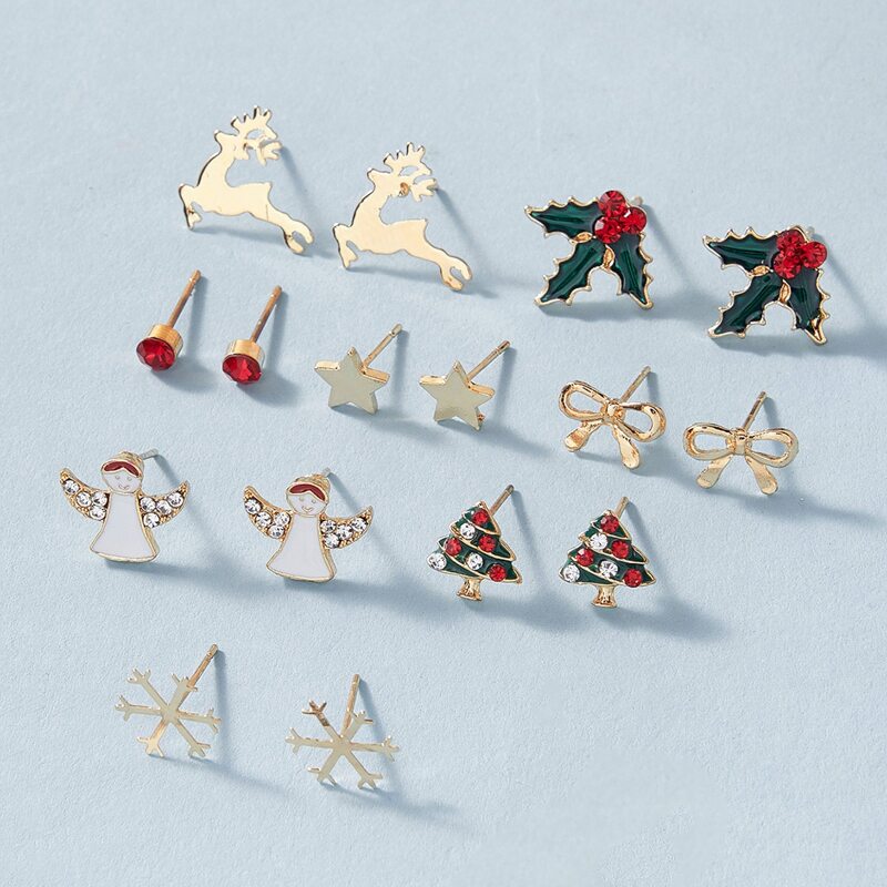 

8pairs Christmas Tree Design Stud Earrings, Multicolor