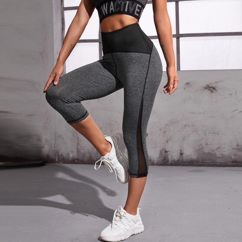 

Contrast Mesh Wideband Waist Sports Leggings, Dark grey