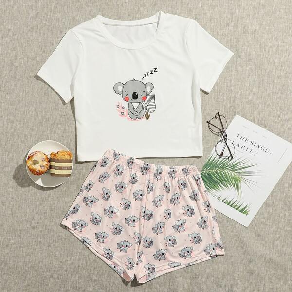

Cartoon Sloth Print Short Sleeve PJ Set, Multicolor