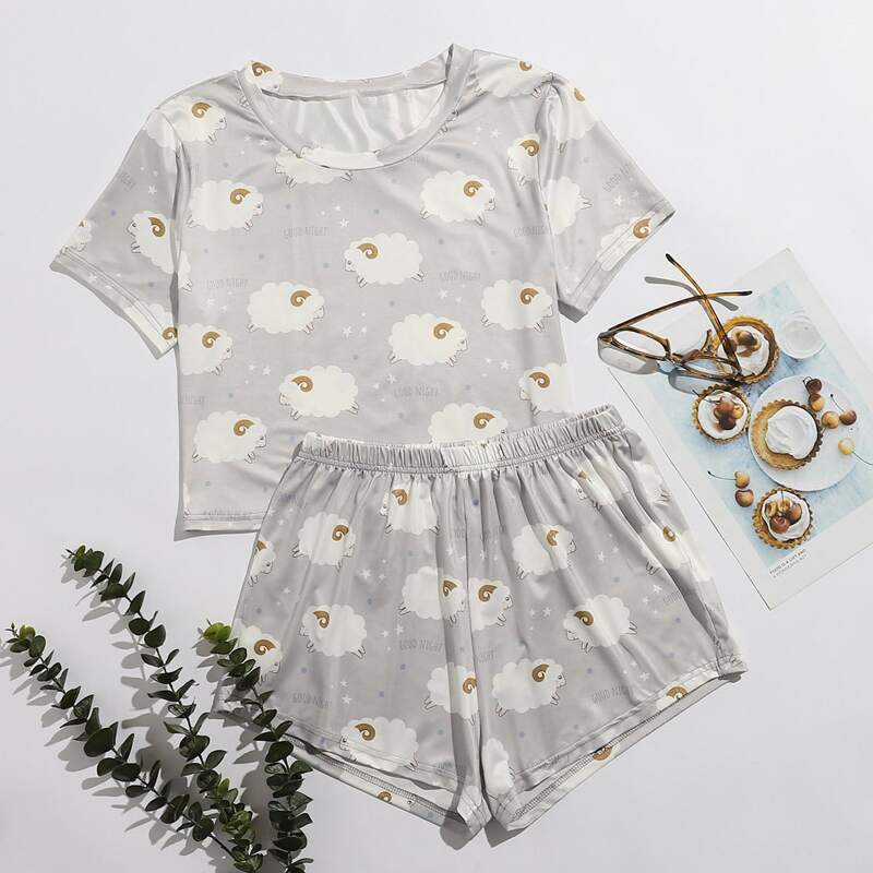 

Sheep And Letter Graphic PJ Set, Light grey
