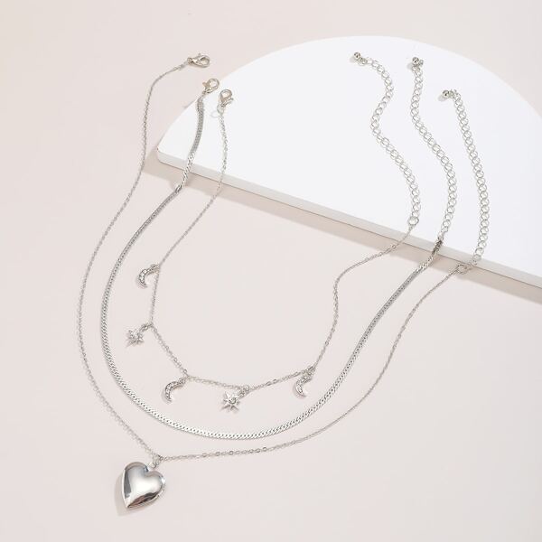 

3pcs Heart & Star Charm Necklace, Silver