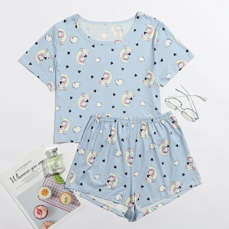 

Unicorn And Heart Print PJ Set, Baby blue