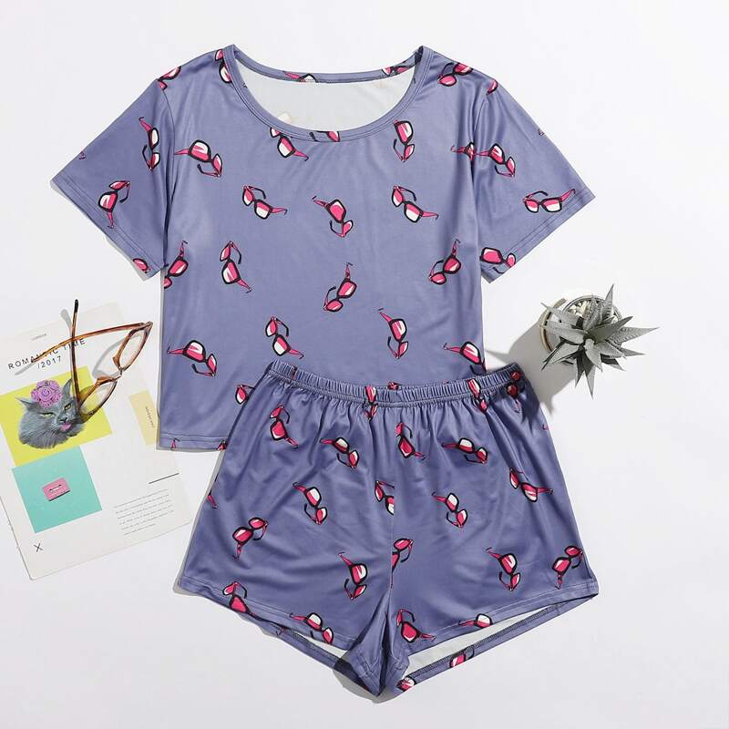 

Glasses Print Short Sleeve PJ Set, Violet purple