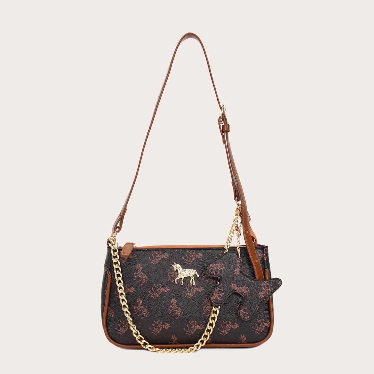 

Animal Graphic Shoulder Bag With Toy Charm, Coffee brown