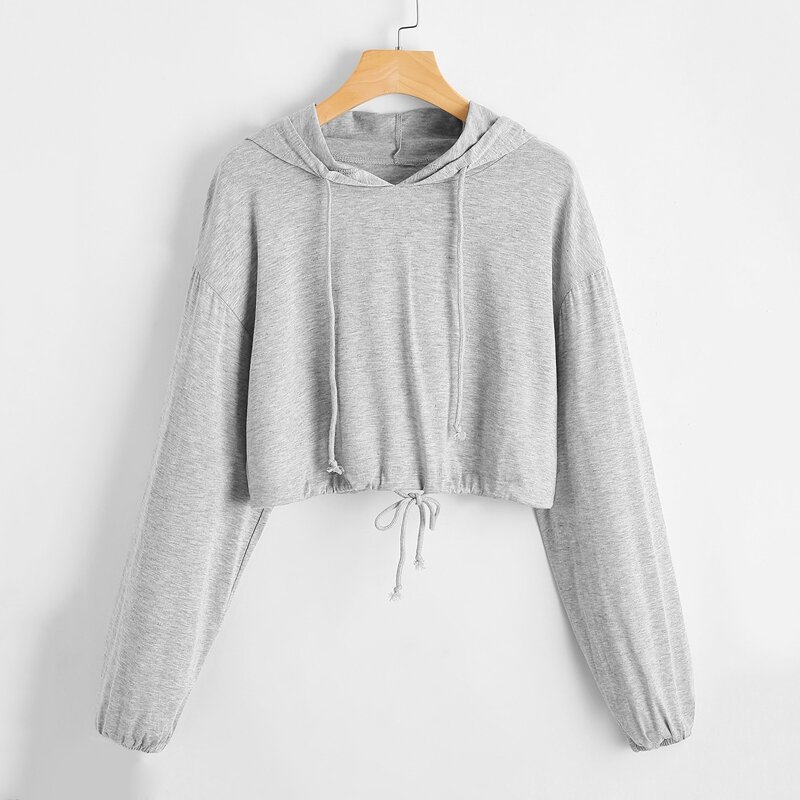 

Solid Drawstring Crop Hoodie, Light grey