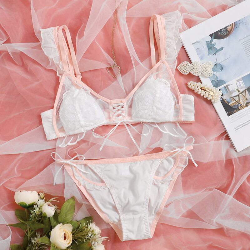 

Floral Lace Ruffle Trim Lingerie Set, White