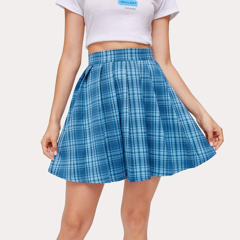 

Plaid Pleated Skirt, Blue