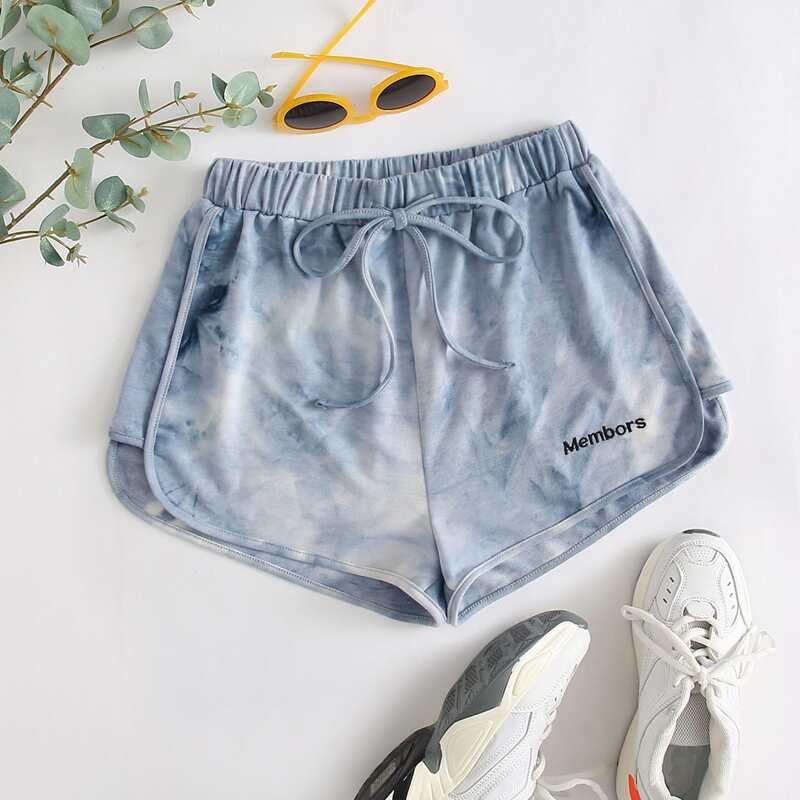 

Letter Embroidery Tie Dye Shorts, Dusty blue