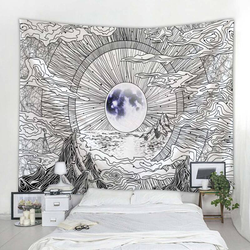 

Moon & Mountain Print Tapestry, Black and white