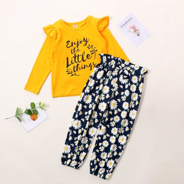 

Toddler Girls Slogan Graphic Tee And Daisy Print Paper Bag Waist Pants Set, Multicolor