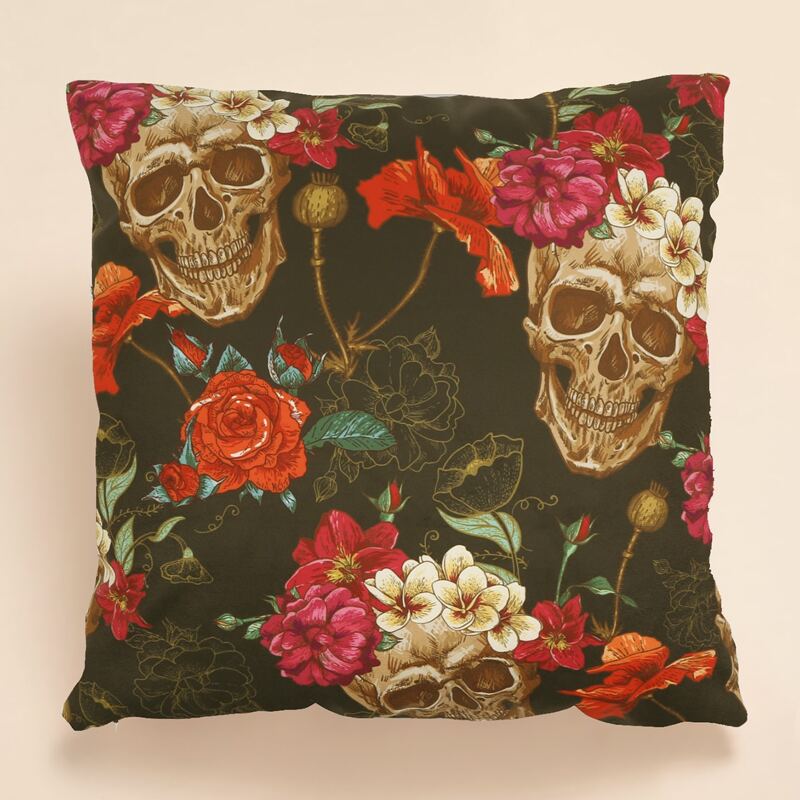 

Skull Flower Print Cushion Cover Without Filler, Multicolor