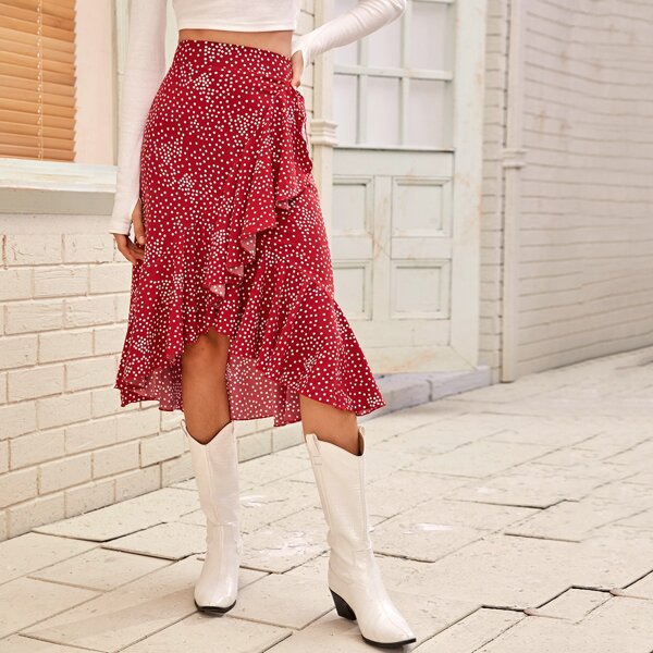 

Polka Dot Ruffle Hem Wrap Skirt, Red